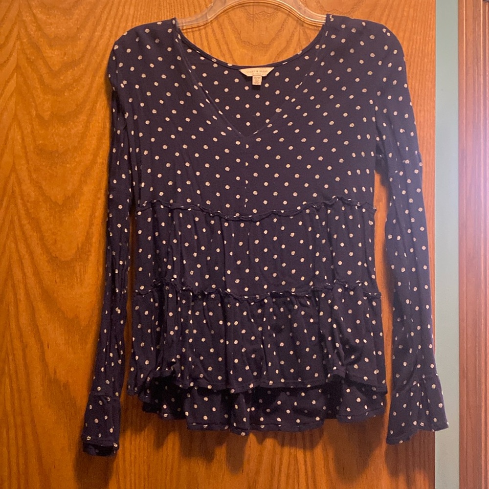 Lucky brand blue And white polka dot blouse